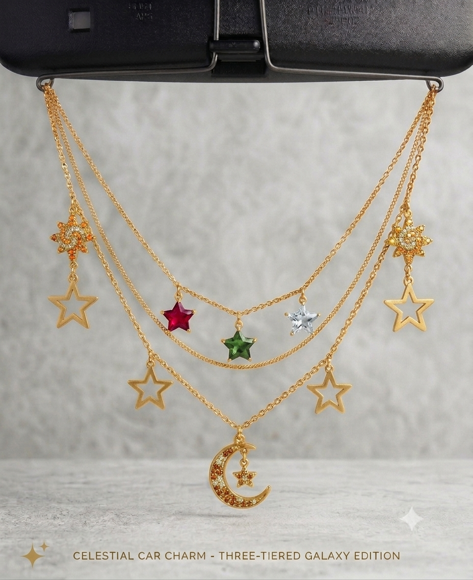 Celestial Elegance Three-Tiered Car Charm & Matching Sunburst Earring Set
